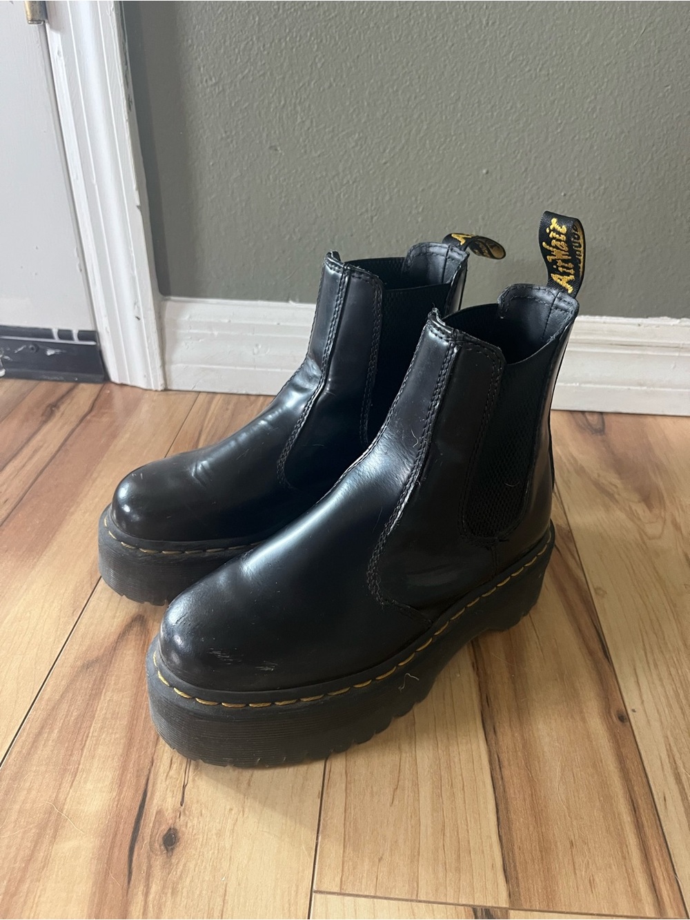 Dr. Martens Women’s Black Platform Chelsea Boots with Yellow Stitching